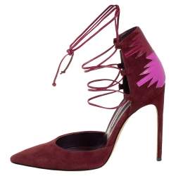 Brian Atwood Burgundy Suede And Leather Patchwork D'orsay Ankle Wrap Pumps Size 38.5