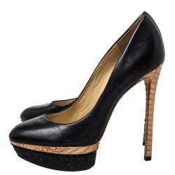 Brian Atwood Black/Gold Leather And Python Embossed Leather Platform Pumps Size 41