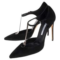 Brian Atwood Black Suede Metal T-Strap Pointe Toe Sandal Size 40