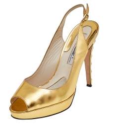 Brian Atwood Gold Leather Peep Toe Slingback Pumps Size 38