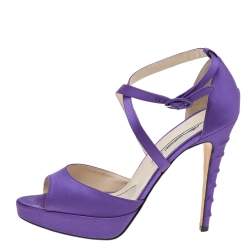 Brian Atwood Purple Satin Platform Ankle Strap Sandals Size 38.5