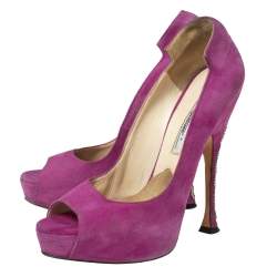 Brian Atwood Magenta Suede Embellished Chain Heel Peep-Toe Pumps Size 37