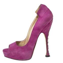 Brian Atwood Magenta Suede Embellished Chain Heel Peep-Toe Pumps Size 37