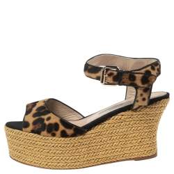 Brian Atwood Beige/Black Pony Hair Espadrille Wedge Sandals Size 39