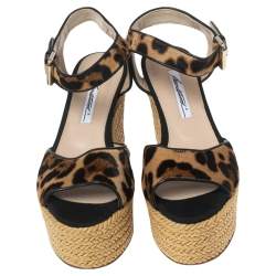 Brian Atwood Beige/Black Pony Hair Espadrille Wedge Sandals Size 39