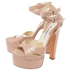 Brian Atwood Beige Patent Leather Platform Ankle Strap Sandals Size 39.5