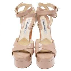 Brian Atwood Beige Patent Leather Platform Ankle Strap Sandals Size 39.5