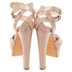 Brian Atwood Beige Patent Leather Platform Ankle Strap Sandals Size 39.5