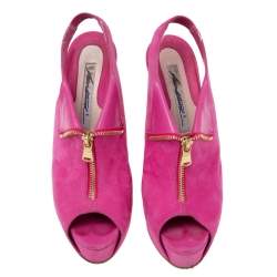 Brian Atwood Pink Nubuck Leather  Peep Toe Slingback Platform Sandals Size 38