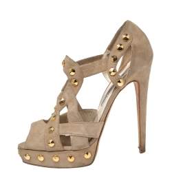 Brian Atwood Beige Cut-Out Studded Suede Peep-Toe Platform Pumps Size 37.5