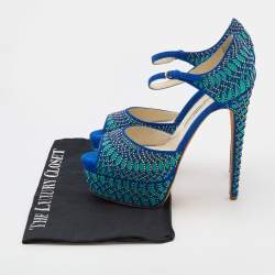 Brian Atwood Blue Tribeca Laser Suede and Leather Peep Toe Platform Sandals Size 37
