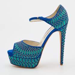 Brian Atwood Blue Tribeca Laser Suede and Leather Peep Toe Platform Sandals Size 37