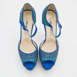 Brian Atwood Blue Tribeca Laser Suede and Leather Peep Toe Platform Sandals Size 37