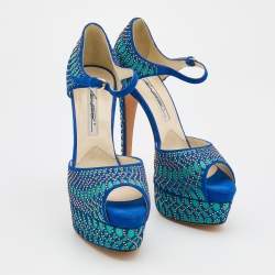 Brian Atwood Blue Tribeca Laser Suede and Leather Peep Toe Platform Sandals Size 37