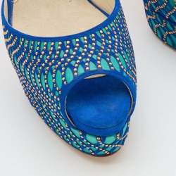 Brian Atwood Blue Tribeca Laser Suede and Leather Peep Toe Platform Sandals Size 37