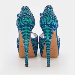 Brian Atwood Blue Tribeca Laser Suede and Leather Peep Toe Platform Sandals Size 37