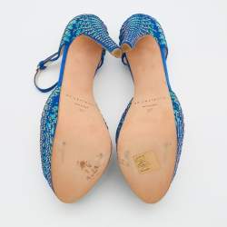 Brian Atwood Blue Tribeca Laser Suede and Leather Peep Toe Platform Sandals Size 37