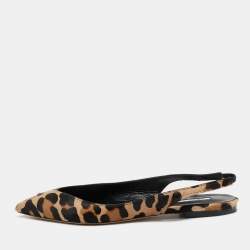 Brian Atwood Beige Leopard Print Calf Hair and Leather Slingback Sandals Size 38.5