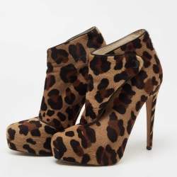 Brian Atwood  Brown/Black Leopard Print Calf Hair Ankle Boots Size 38.5