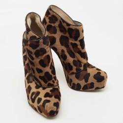 Brian Atwood  Brown/Black Leopard Print Calf Hair Ankle Boots Size 38.5