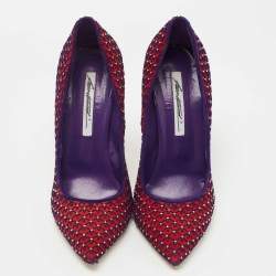 Brian Atwood Red/Blue Suede Embroidered and Studded Pumps Size 39