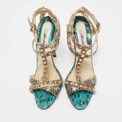 Brian Atwood Beige/Blue Python Ankle Strap  Sandals Size 38