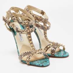 Brian Atwood Beige/Blue Python Ankle Strap  Sandals Size 38