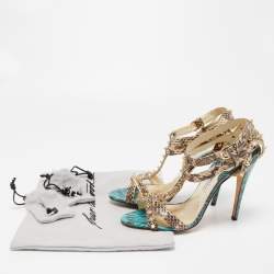Brian Atwood Beige/Blue Python Ankle Strap  Sandals Size 38