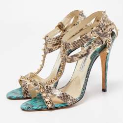 Brian Atwood Beige/Blue Python Ankle Strap  Sandals Size 38
