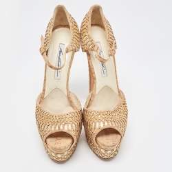 Brian Atwood Brown/Metallic Cork and Leather Ankle Strap Sandals Size 40