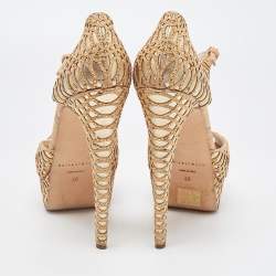 Brian Atwood Brown/Metallic Cork and Leather Ankle Strap Sandals Size 40