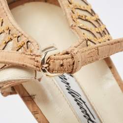 Brian Atwood Brown/Metallic Cork and Leather Ankle Strap Sandals Size 40