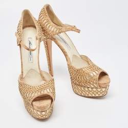 Brian Atwood Brown/Metallic Cork and Leather Ankle Strap Sandals Size 40