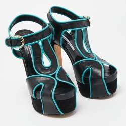 Brian Atwood Black/Blue Leather Platform Ankle Strap Sandals Size 38