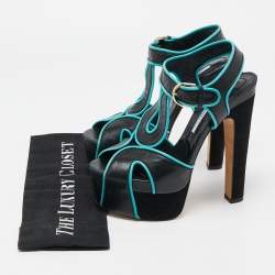 Brian Atwood Black/Blue Leather Platform Ankle Strap Sandals Size 38