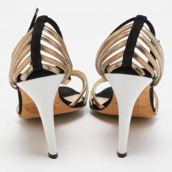 Brian Atwood Black/Gold Suede and Leather Strappy T-Bar Sandals Size 37