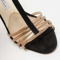Brian Atwood Black/Gold Suede and Leather Strappy T-Bar Sandals Size 37