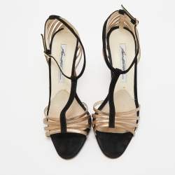 Brian Atwood Black/Gold Suede and Leather Strappy T-Bar Sandals Size 37