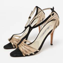 Brian Atwood Black/Gold Suede and Leather Strappy T-Bar Sandals Size 37