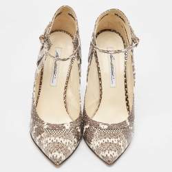 Brian Atwood Grey/White Snakeskin and Mesh Ankle Strap Pumps Size 41