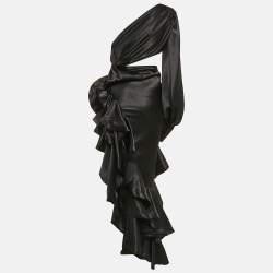 Bronx & Banco Black Satin Cut-Out One Shoulder Ruffled Gown XS