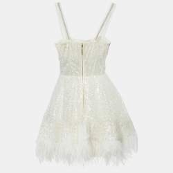 Pre Owned Bronx & Banco White Sequin Tulle Feather Trim Mademoiselle Bridal Mini Dress S