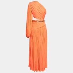 Pre Owned Bronx & Banco Orange Crepe Pleated One Shoulder Jafari Gown XS