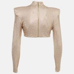 Pre Owned Bronx & Banco Beige Studded Jersey Zip-Up Cropped Jacket M