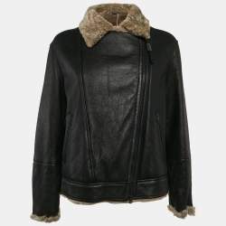 Brunello Cucinelli Black Leather Shearling Trimmed Zip-Up Jacket M