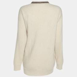 Pre Owned Brunello Cucinelli Cream Cashmere Rib Knit Embellished Sweater M