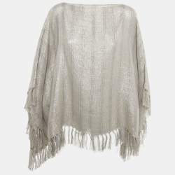 Pre Owned Brunello Cucinelli Beige Lurex and Linen Fringed Poncho One Size