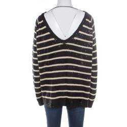 Pre Owned Brunello Cucinelli Black Linen Silk Sequin Embellished Striped Sweater XXL