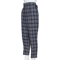 Brunello Cucinelli Navy Blue Plaid Linen Paper Bag Waist Trousers M
