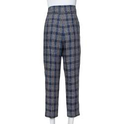 Brunello Cucinelli Navy Blue Plaid Linen Paper Bag Waist Trousers M